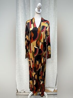 NWT SIYU fall colors abstract print v neck long sleeve maxi dress